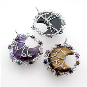 Mix Gemstone Moon Pendant Wire Wrapped, approx 46mm [GM18183]