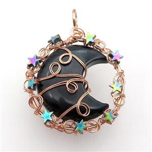 Black Onyx Agate Moon Pendant Wire Wrapped, approx 46mm [GM18189]