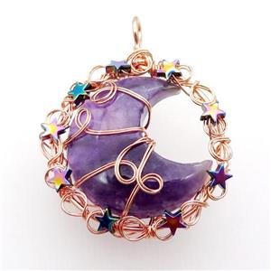 Purple Amethyst Moon Pendant Wire Wrapped, approx 46mm [GM18191]
