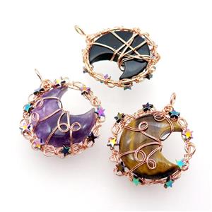 Mixed Gemstone Moon Pendant Wire Wrapped, approx 46mm [GM18192]