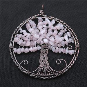 Pink Rose Quartz Chip Tree Of Life Pendant Wire Wrapped Antique Red, approx 100mm [GM18194]