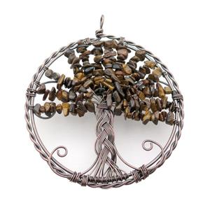 Tiger Eye Stone Chip Tree Of Life Pendant Wire Wrapped Antique Red, approx 100mm [GM18196]