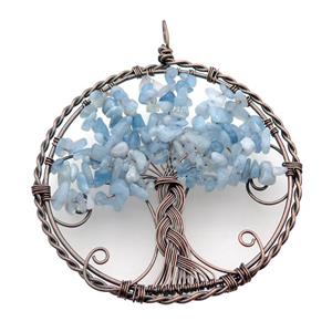Blue Aquamarine Chip Tree Of Life Pendant Wire Wrapped Antique Red, approx 100mm [GM18197]