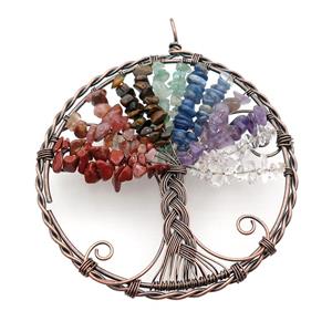 Mixed Gemstone Tree Of Life Pendant Chakra Wire Wrapped Antique Red, approx 100mm [GM18202]