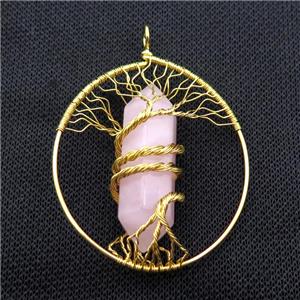 Pink Rose Quartz Tree Of Life Pendant Alloy Wire Wrapped Gold Plated, approx 50-70mm [GM18212]