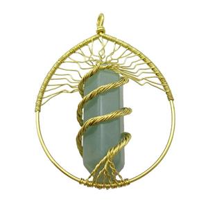 Green Aventurine Tree Of Life Pendant Alloy Wire Wrapped Gold Plated, approx 50-70mm [GM18214]
