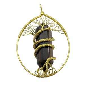 Tiger Eye Stone Tree Of Life Pendant Alloy Wire Wrapped Gold Plated, approx 50-70mm [GM18215]
