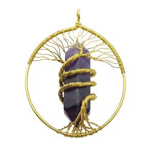 Purple Amethyst Tree Of Life Pendant Alloy Wire Wrapped Gold Plated, approx 50-70mm [GM18216]