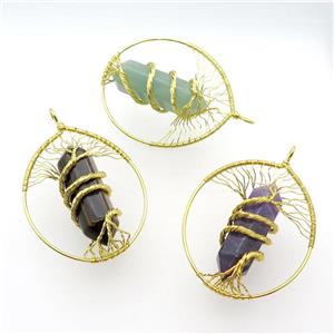 Mix Gemstone Tree Of Life Pendant Alloy Wire Wrapped Gold Plated, approx 50-70mm [GM18217]