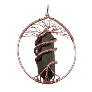 Tiger Eye Stone Tree Of Life Pendant Alloy Wire Wrapped Rose Gold, approx 50-70mm [GM18222]