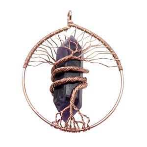 Purple Amethyst Tree Of Life Pendant Alloy Wire Wrapped Rose Gold, approx 50-70mm [GM18223]