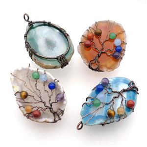 Agate Slice Pendant Dye Mix Color Wire Wrapped Antique Red, approx 50-55mm [GM18231]
