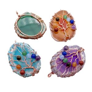 Agate Slice Pendant Dye Mix Color Wire Wrapped Rose Gold, approx 50-55mm [GM18232]
