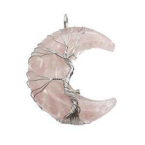 Resin Moon Pendant With Rose Quartz Chip Tree Wire Wrapped, approx 36-42mm [GM18234]