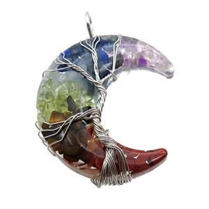 Resin Moon Pendant With Mix Gemstone Chip Tree Wire Wrapped, approx 36-42mm [GM18237]