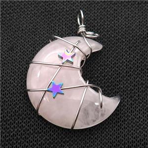 Pink Rose Quartz Moon Pendant Wire Wrapped, approx 34mm [GM18242]