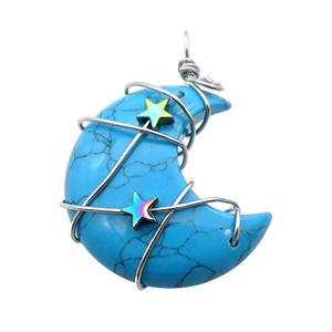 Blue Dye Turquoise Moon Pendant Wire Wrapped, approx 34mm [GM18246]