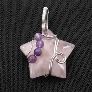 Pink Rose Quartz Star Pendant Wire Wrapped, approx 30mm [GM18251]