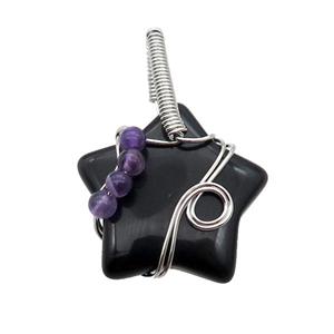 Black Onyx Agate Star Pendant Wire Wrapped, approx 30mm [GM18252]
