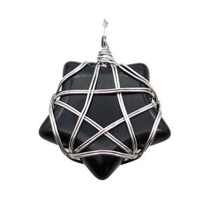 Black Onyx Agate Star Pendant Wire Wrapped, approx 30mm [GM18262]