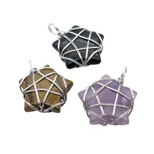 Mix Gemstone Star Pendant Wire Wrapped, approx 30mm [GM18266]