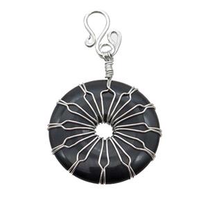 Black Onyx Agate Donut Pendant Wire Wrapped, approx 30mm [GM18270]