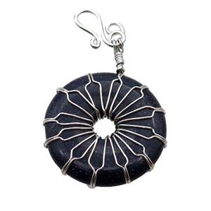 Blue Sandstone Donut Pendant Wire Wrapped, approx 30mm [GM18272]