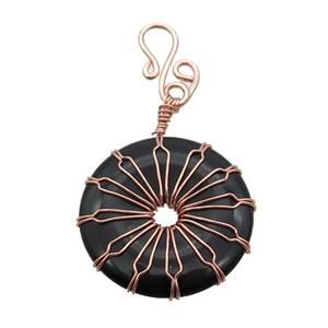 Black Onyx Agate Donut Pendant Wire Wrapped Rose Gold, approx 30mm [GM18279]