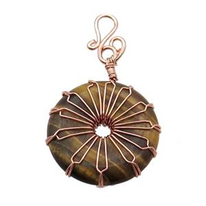 Tiger Eye Stone Donut Pendant Wire Wrapped Rose Gold, approx 30mm [GM18282]