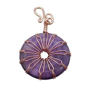 Purple Amethyst Donut Pendant Wire Wrapped Rose Gold, approx 30mm [GM18283]
