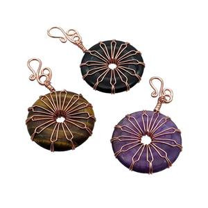 Mix Gemstone Donut Pendant Wire Wrapped Rose Gold, approx 30mm [GM18284]