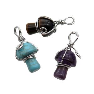 Mix Gemstone Mushroom Pendant Wire Wrapped, approx 15-20mm [GM18296]