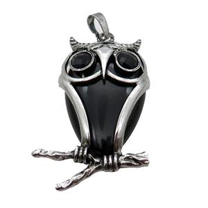Black Onyx Agate Owl Pendant Alloy Antique Silver, approx 25-50mm [GM18330]