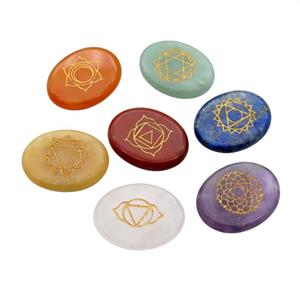 Mix Gemstone Oval Cabochon Chakra Pendant No Hole, approx 22-28mm, 7pcs per sets [GM18360]