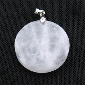 Clear Quartz Circle Pendant Tree Of Life Craved, approx 30mm [GM18361]