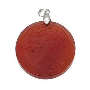 Red Carnelian Agate Circle Pendant Tree Of Life Craved, approx 30mm [GM18362]