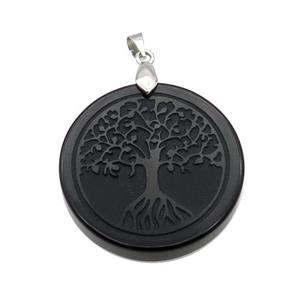 Black Onyx Agate Circle Pendant Tree Of Life Craved, approx 30mm [GM18363]