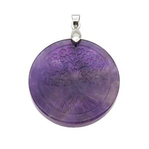 Purple Amethyst Circle Pendant Tree Of Life Craved, approx 30mm [GM18365]