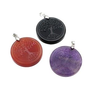 Mix Gemstone Circle Pendant Tree Of Life Craved, approx 30mm [GM18366]