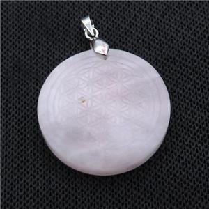 Pink Rose Quartz Circle Pendant Flower Of Life Craved, approx 30mm [GM18368]