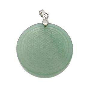 Green Aventurine Circle Pendant Flower Of Life Craved, approx 30mm [GM18369]