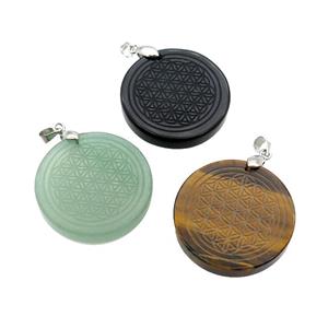 Mix Gemstone Circle Pendant Flower Of Life Craved, approx 30mm [GM18372]