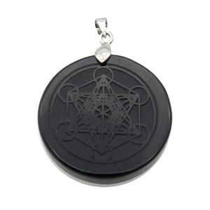Black Onyx Agate Circle Pendant Metatrons Cube Craved, approx 30mm [GM18373]