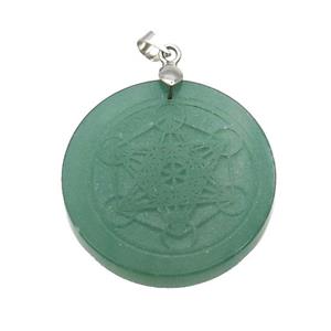 Green Aventurine Circle Pendant Metatrons Cube Craved, approx 30mm [GM18374]