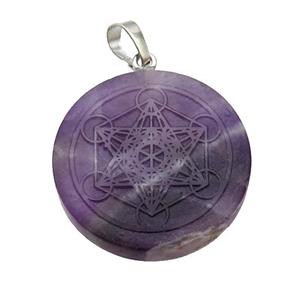 Purple Amethyst Circle Pendant Metatrons Cube Craved, approx 30mm [GM18375]