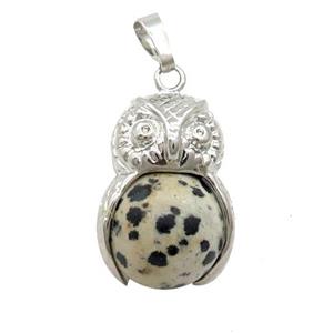Black Dalmatian Jasper Owl Alloy Pendant, approx 16mm, 20-25mm [GM18390]