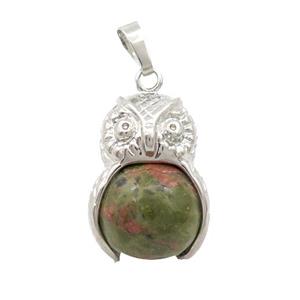 Unakite Owl Alloy Pendant, approx 16mm, 20-25mm [GM18391]