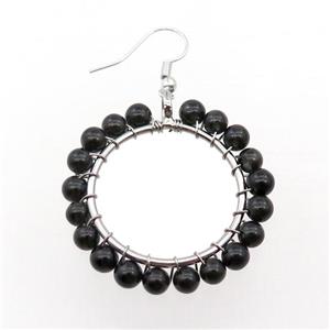 Black Onyx Agate Copper Hook Earring Wire Wrapped Platinum Plated, approx 4.5mm, 35mm dia [GM18417]