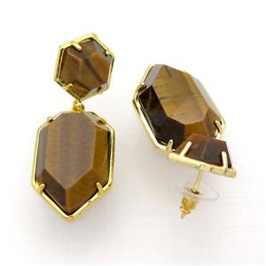 Tiger Eye Stone Copper Stud Earring Gold Plated, approx 14mm, 18-28mm [GM18451]