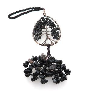 Black Obsidian Chip Pendant Tree Of Life Antique Red, approx 40-62mm, 17cm length [GM18466]